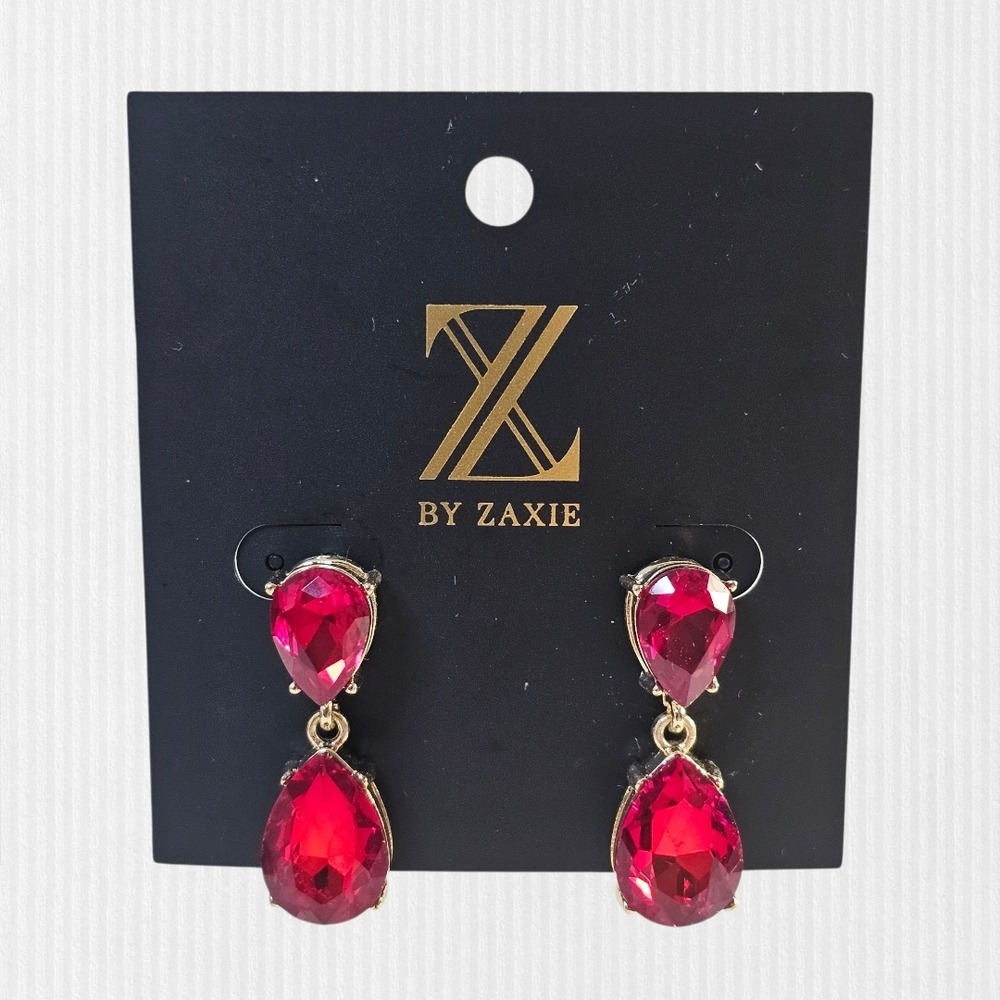 Z by Zaxie Dazzling Red Glass Stone Dangle/Drop Earrings Elegant‎ Gold Tone